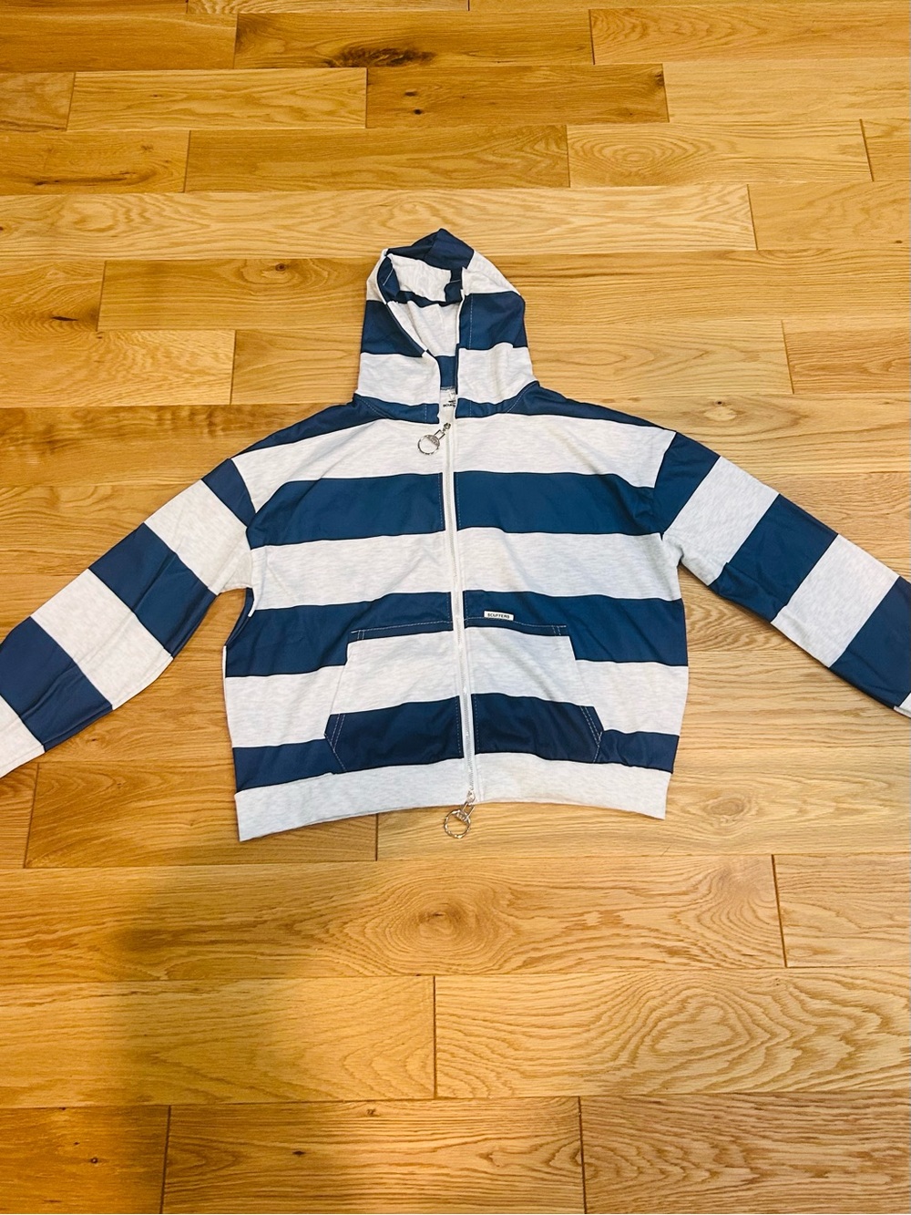 Off-the-Shoulder Wide Stripe Hoodie Sweater in Navy and Light Gray